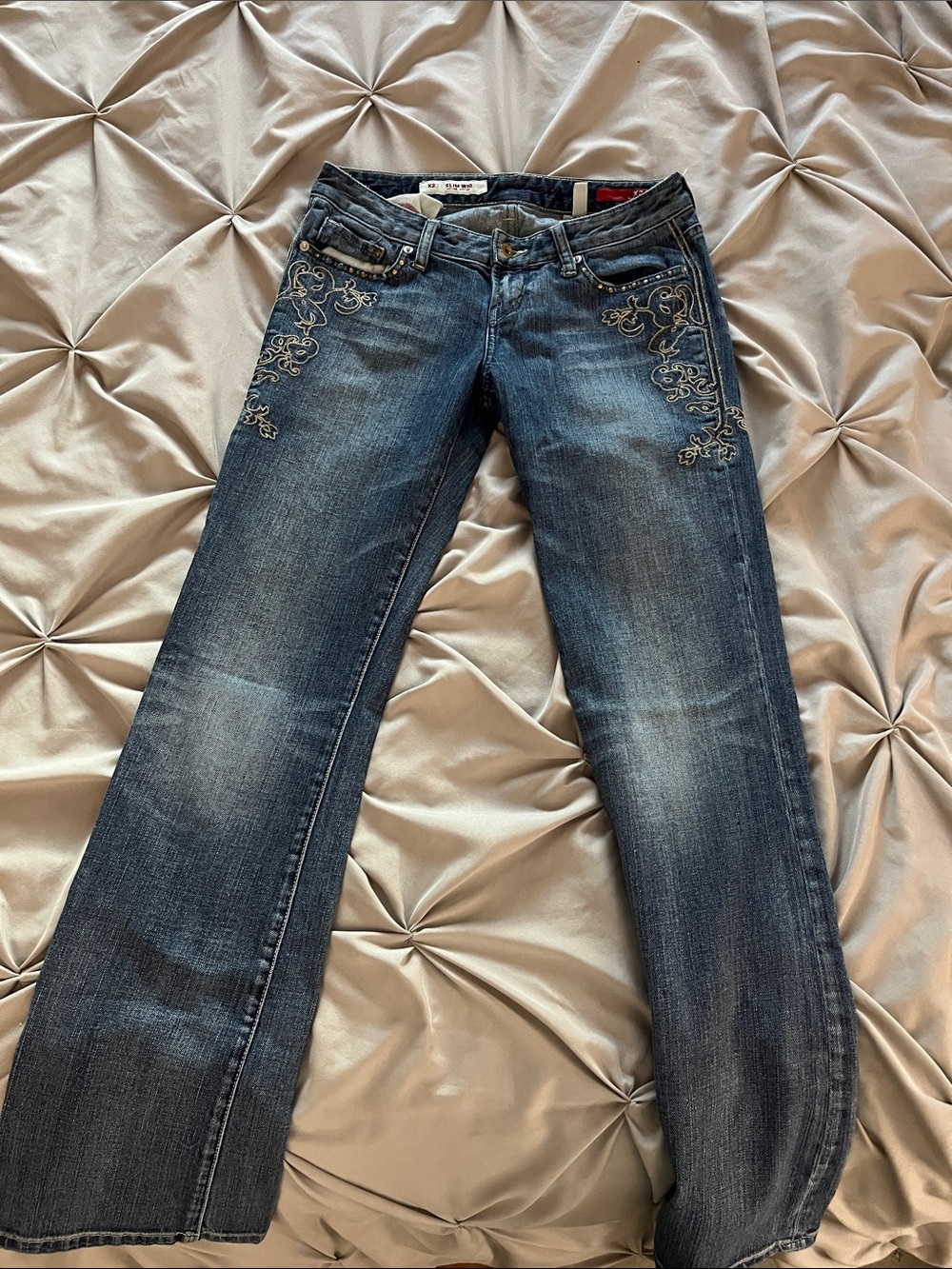 X2 Embroidered Dark Blue Wide-Leg Women's Jeans